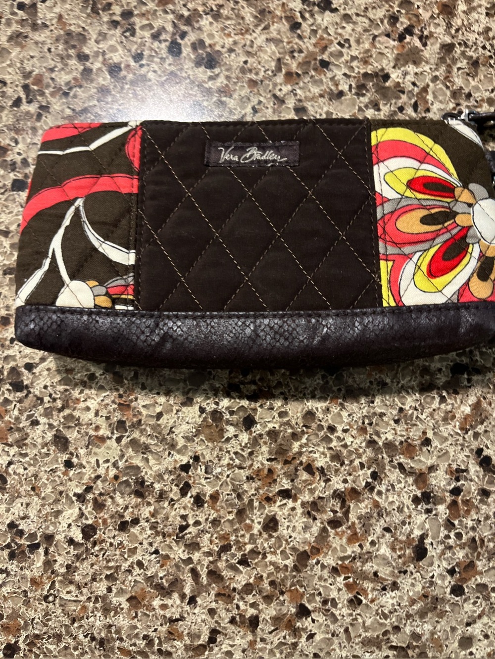 Vera Bradley Brown Quilted Floral Cosmetic Wristlet with Red & Yellow Accents